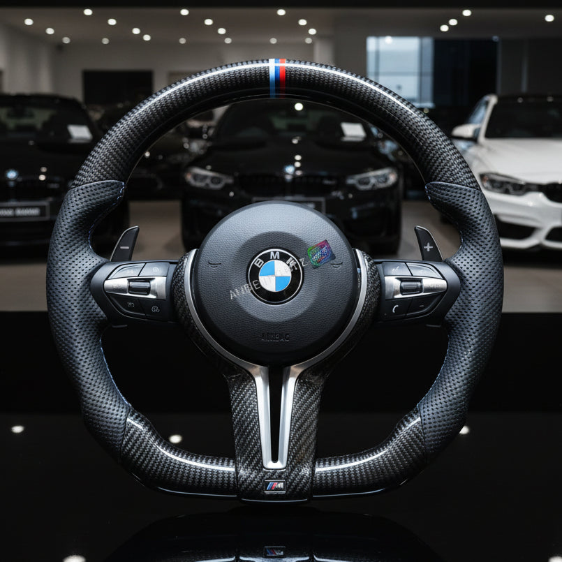 BMW F Gen Steering Wheel Flat Bottom - Carbon Fibre & Pefereated Leather
